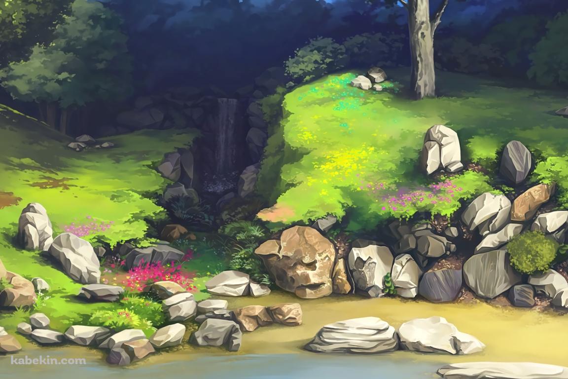 小さい滝 緑の丘 石の壁紙(1152px x 768px) 高画質 PC・デスクトップ用
