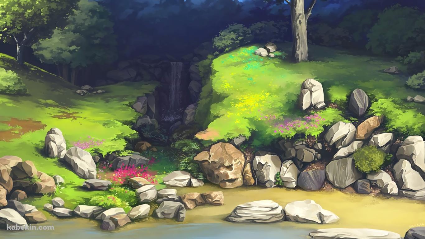 小さい滝 緑の丘 石の壁紙(1366px x 768px) 高画質 PC・デスクトップ用