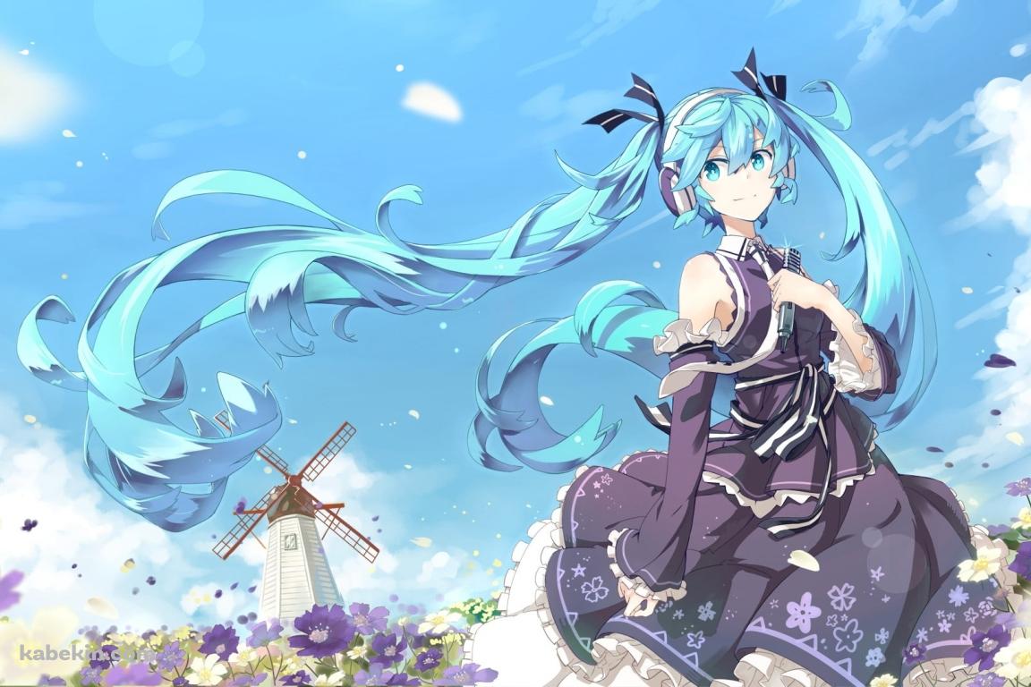 初音ミクと風車の壁紙(1152px x 768px) 高画質 PC・デスクトップ用