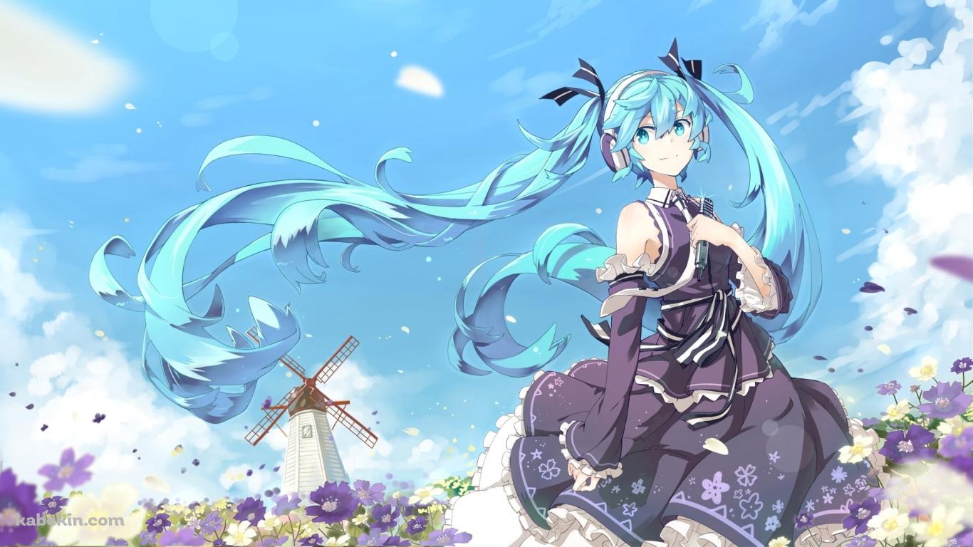 初音ミクと風車の壁紙(1366px x 768px) 高画質 PC・デスクトップ用