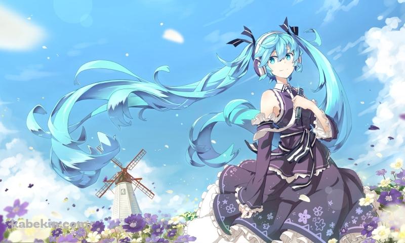 初音ミクと風車の壁紙(800px x 480px) 高画質 PC・デスクトップ用
