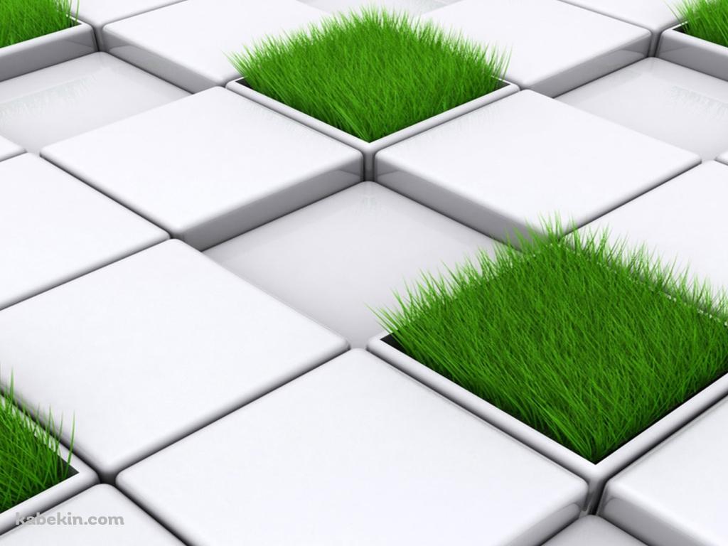 白いタイルと緑草の壁紙(1024px x 768px) 高画質 PC・デスクトップ用
