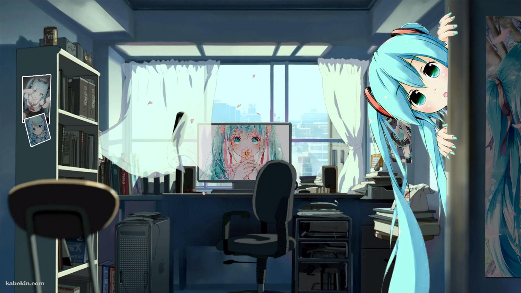 初音ミクの部屋 覗くミクの壁紙(2048px x 1152px) 高画質 PC・デスクトップ用