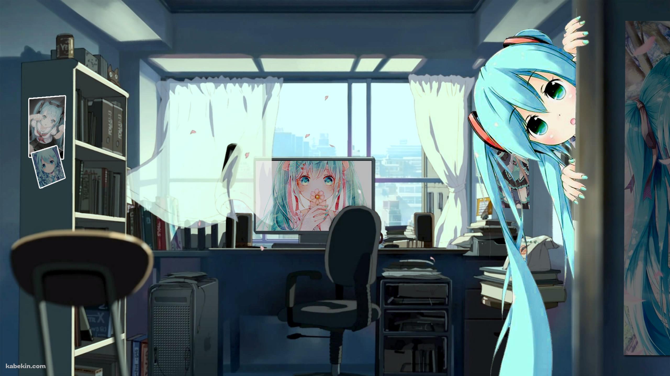 初音ミクの部屋 覗くミクの壁紙(2560px x 1440px) 高画質 PC・デスクトップ用