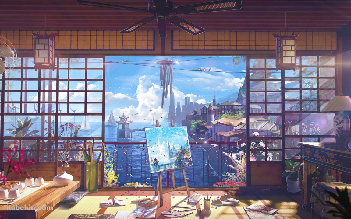 和室 海沿いの部屋 オーシャンビューの壁紙(1152px x 720px) 高画質 PC・デスクトップ用