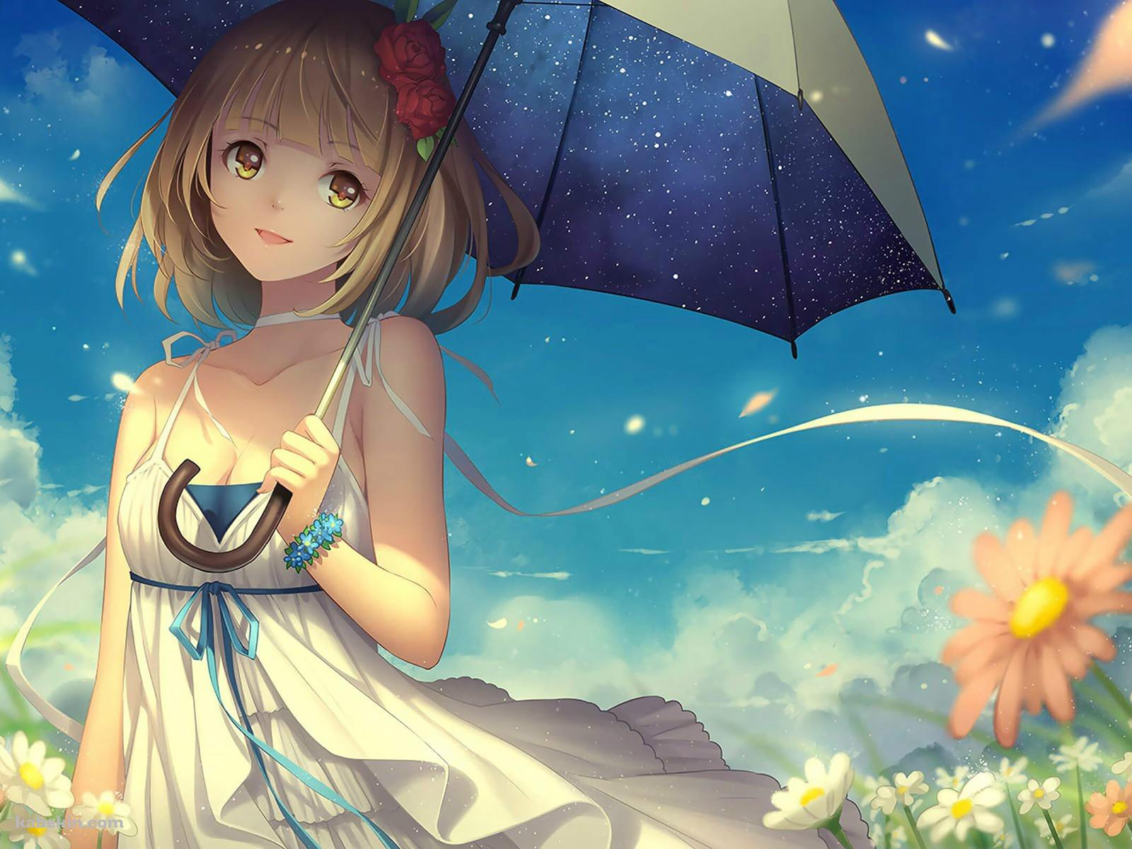 日傘と少女 ピンクの花の壁紙(1600px x 1200px) 高画質 PC・デスクトップ用