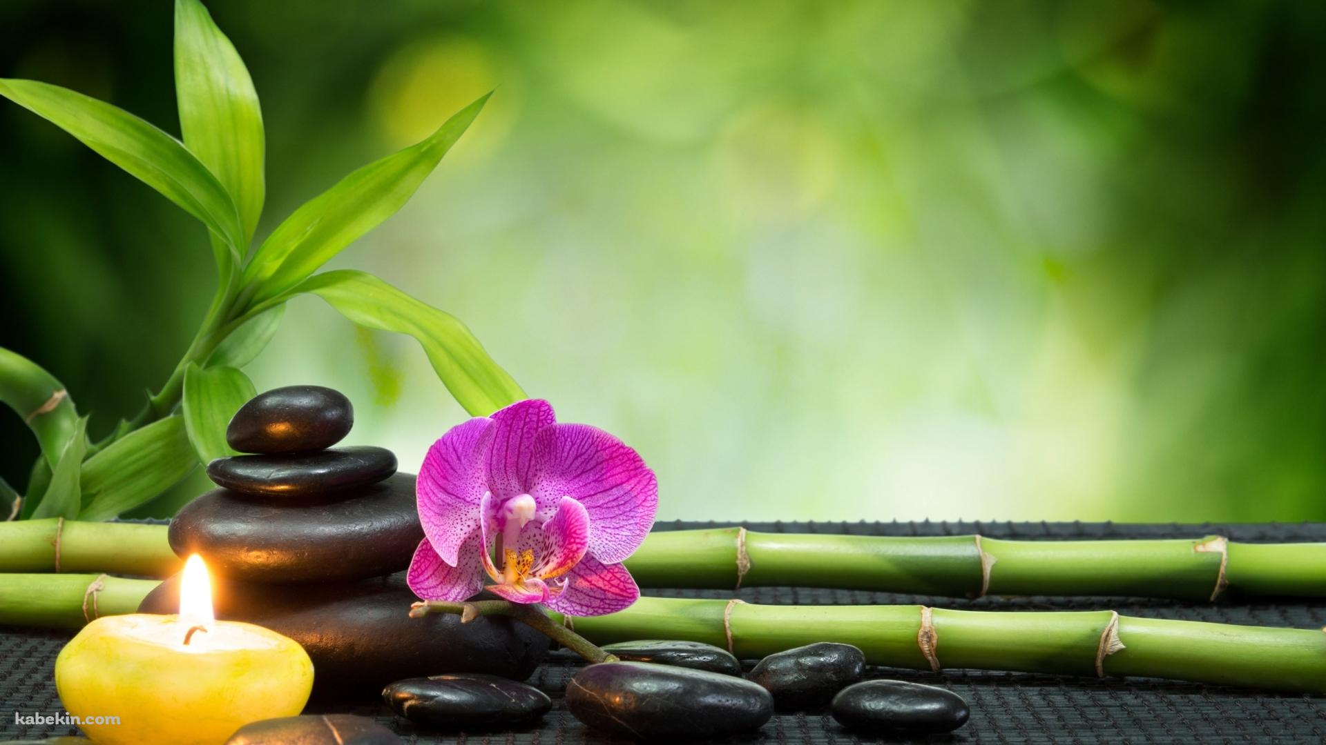 ピンクの花と石と蝋燭の壁紙(1920px x 1080px) 高画質 PC・デスクトップ用