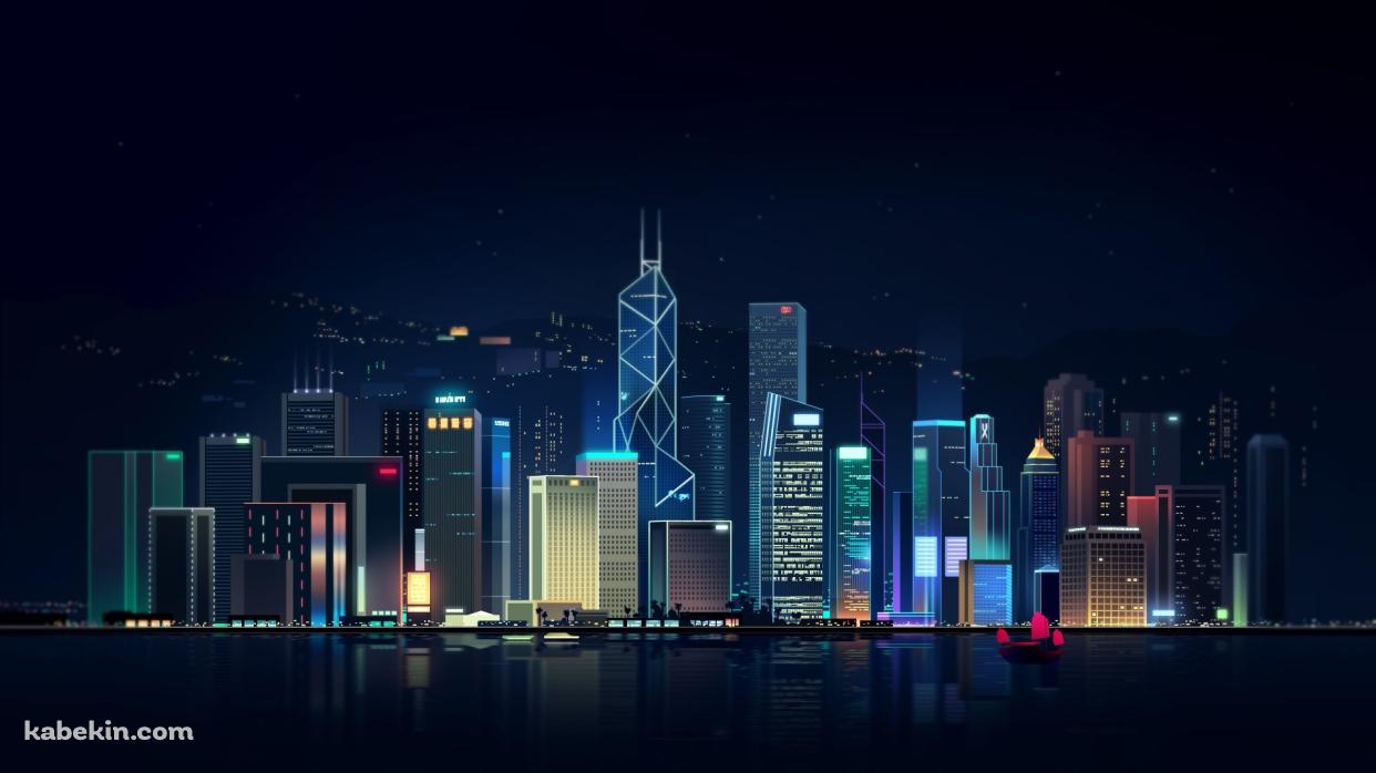 香港 夜景 街並み イラストの壁紙(1242px x 698px) 高画質 PC・デスクトップ用
