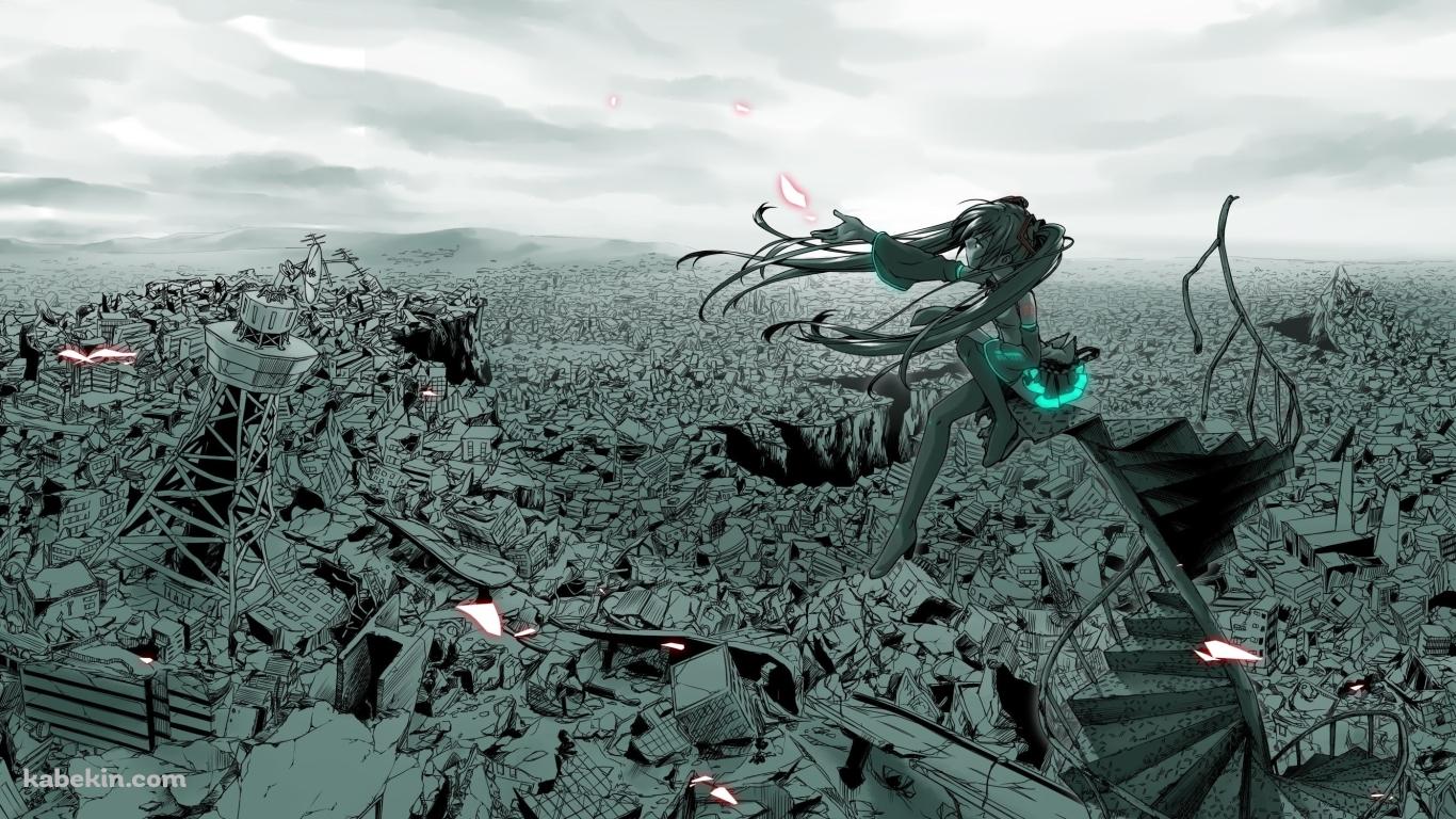 初音ミクと眼下の街並みの壁紙(1366px x 768px) 高画質 PC・デスクトップ用