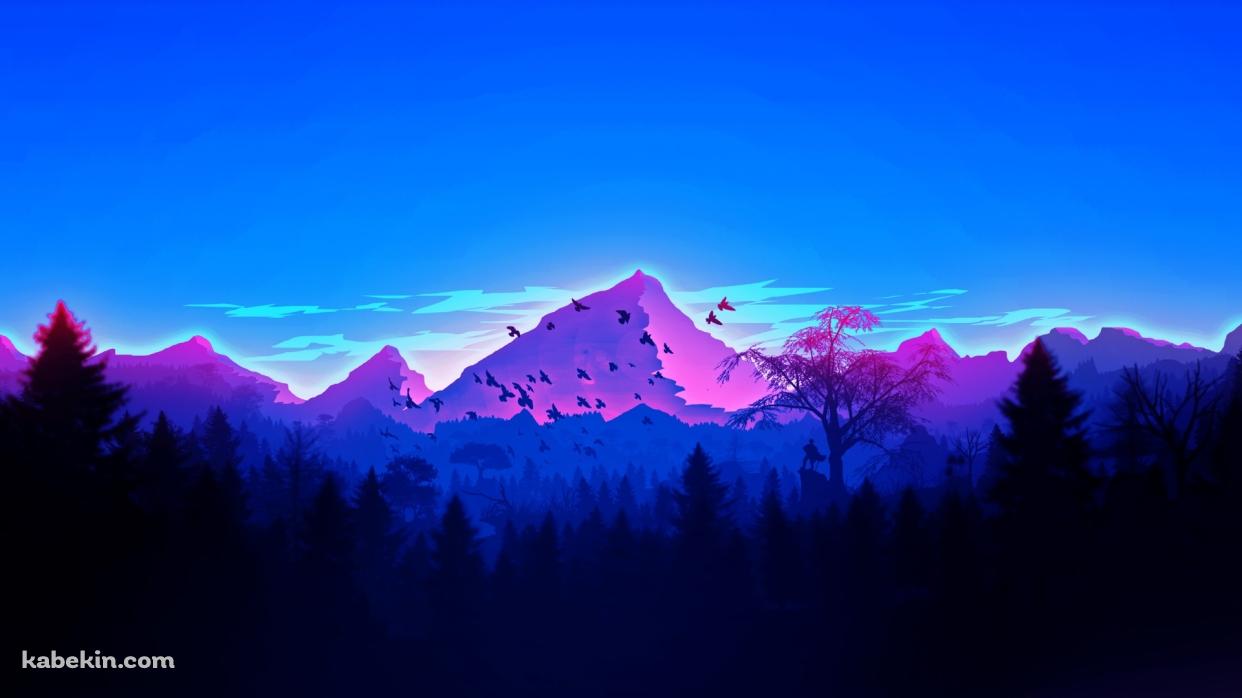 青みがかった森と山 鳥の群れの壁紙(1242px x 698px) 高画質 PC・デスクトップ用