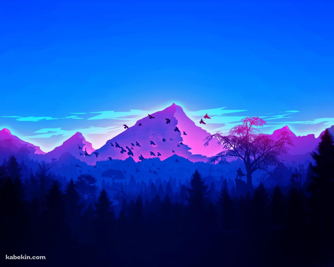 青みがかった森と山 鳥の群れの壁紙(1280px x 1024px) 高画質 PC・デスクトップ用