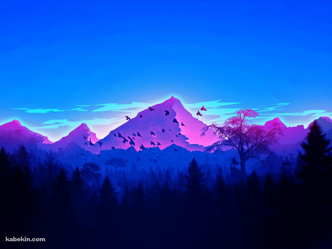 青みがかった森と山 鳥の群れの壁紙(1280px x 960px) 高画質 PC・デスクトップ用