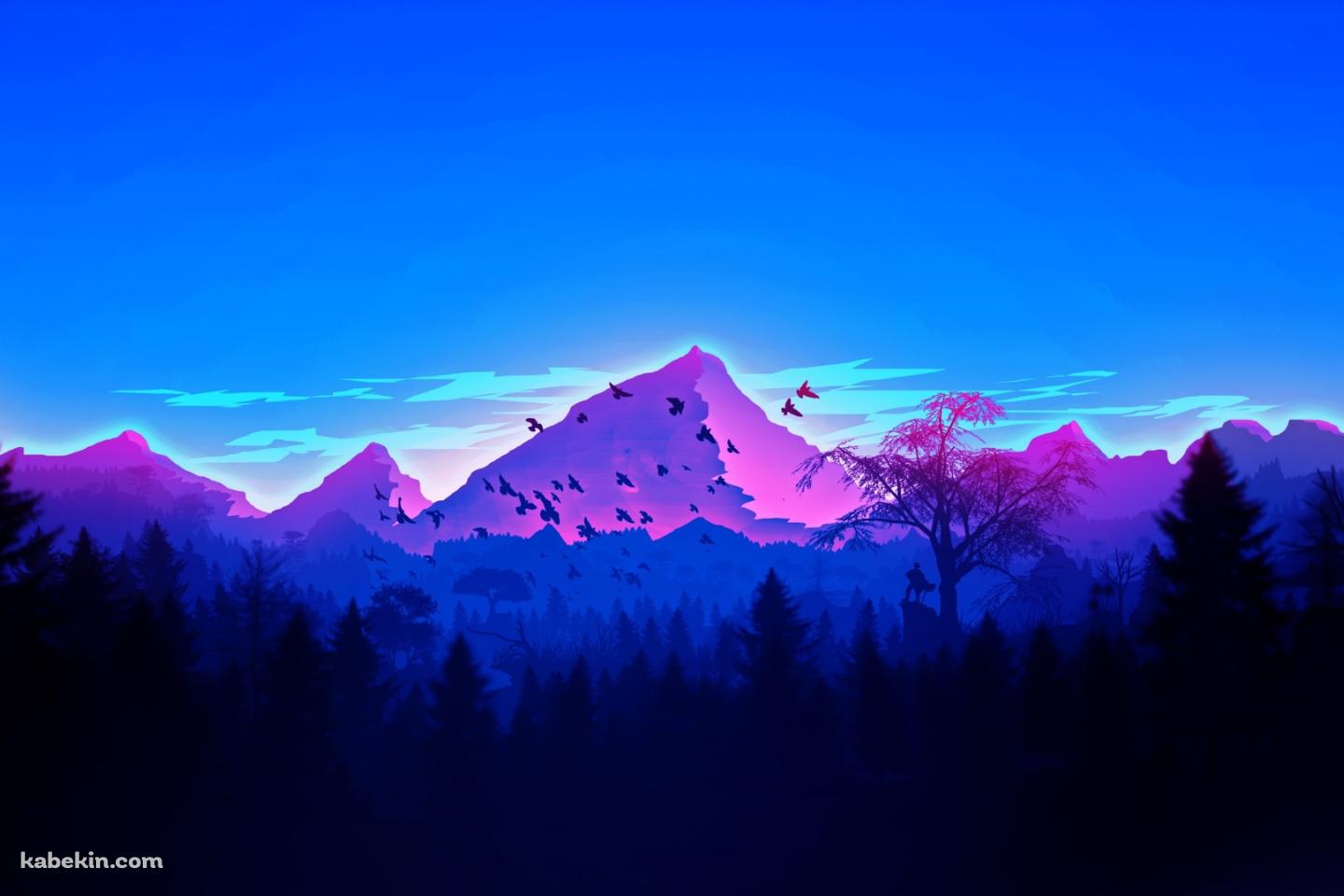 青みがかった森と山 鳥の群れの壁紙(1440px x 960px) 高画質 PC・デスクトップ用