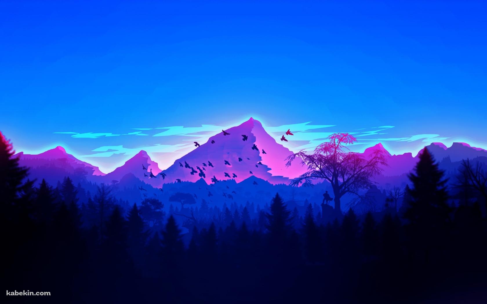 青みがかった森と山 鳥の群れの壁紙(1680px x 1050px) 高画質 PC・デスクトップ用