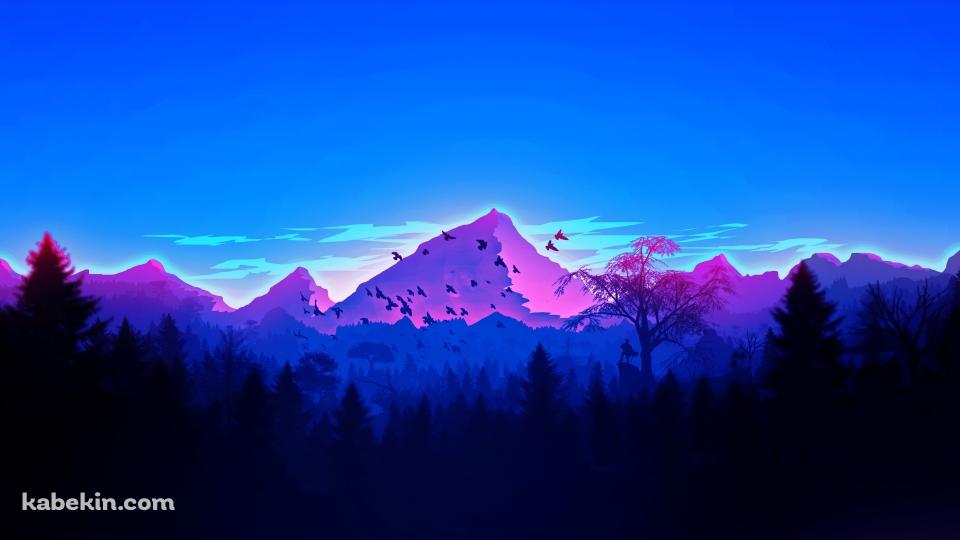 青みがかった森と山 鳥の群れの壁紙(960px x 540px) 高画質 PC・デスクトップ用