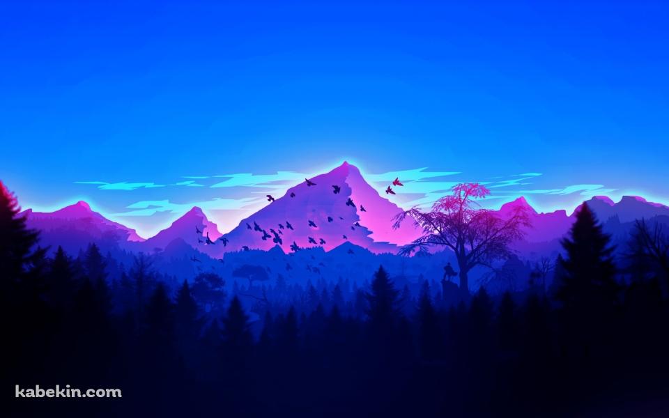 青みがかった森と山 鳥の群れの壁紙(960px x 600px) 高画質 PC・デスクトップ用