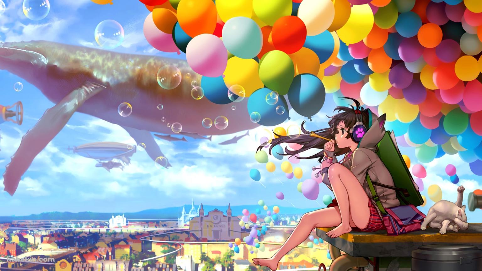 シャボン玉 少女 鯨 バルーンの壁紙(1536px x 864px) 高画質 PC・デスクトップ用