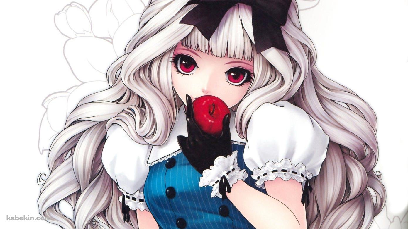 リンゴを食べる少女の壁紙(1391px x 783px) 高画質 PC・デスクトップ用