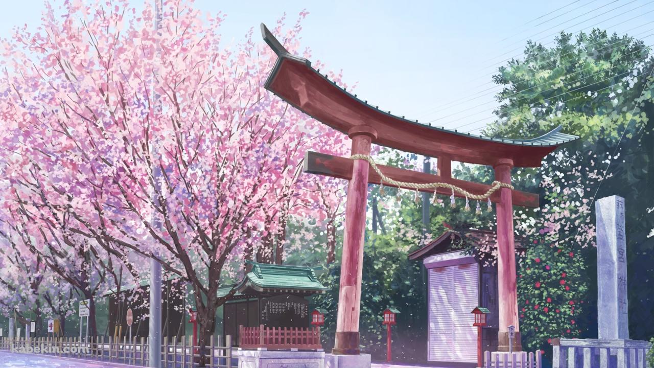 神社 鳥居 桜の壁紙(1280px x 720px) 高画質 PC・デスクトップ用