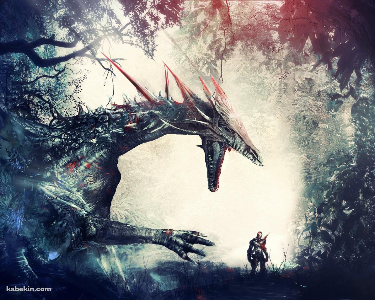 ドラゴンと戦士 森の中の壁紙(1280px x 1024px) 高画質 PC・デスクトップ用