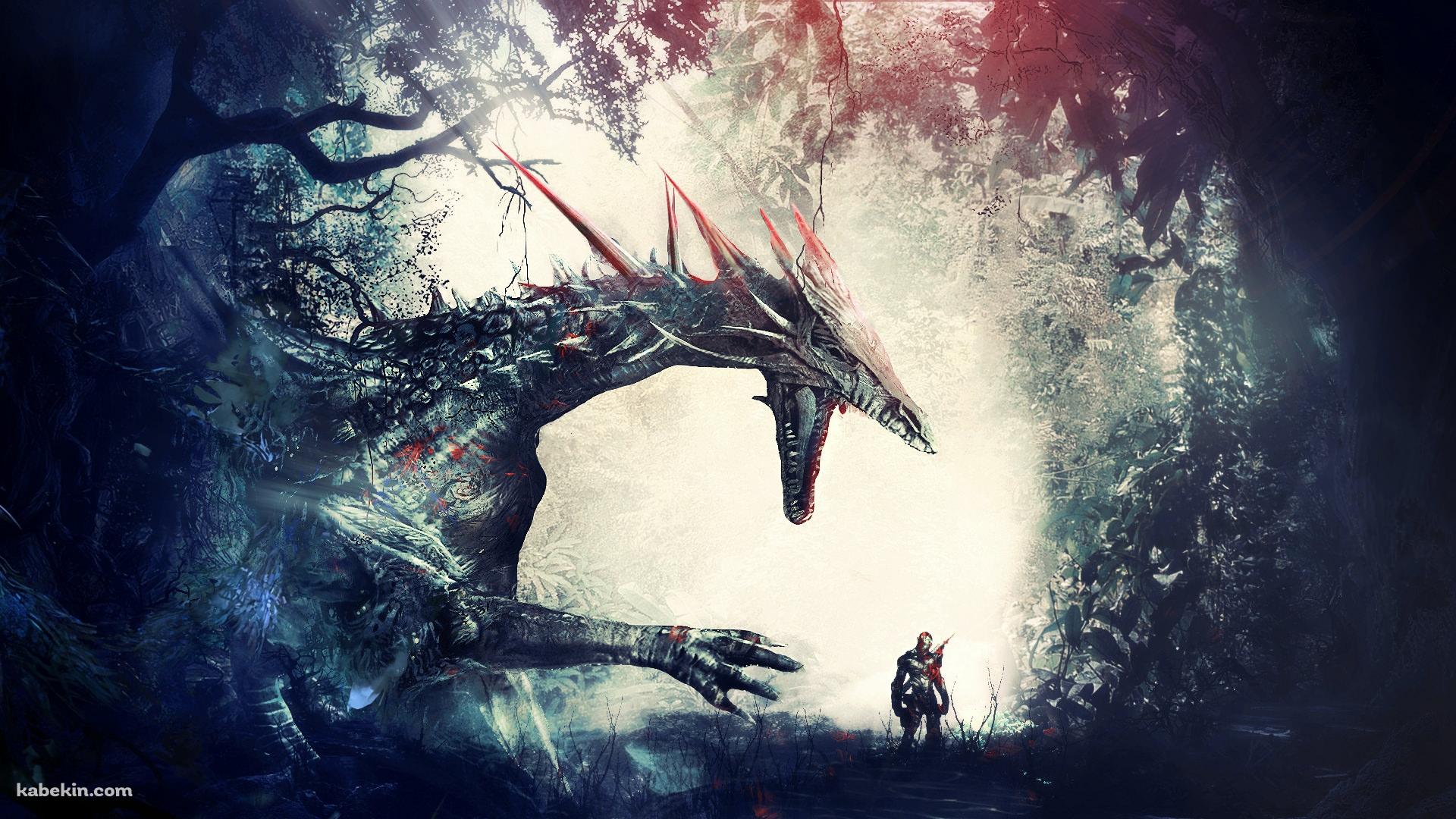 ドラゴンと戦士 森の中の壁紙(1920px x 1080px) 高画質 PC・デスクトップ用