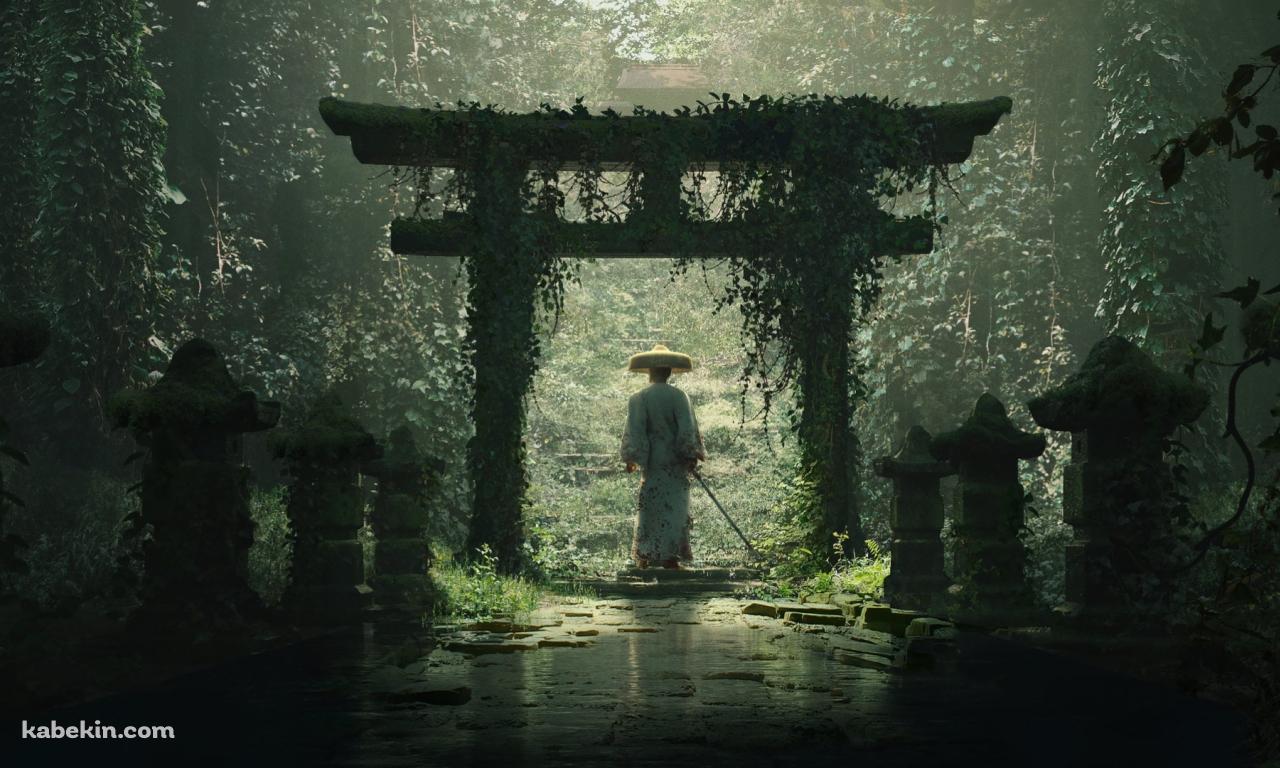 かっこいい侍と苔むした鳥居の壁紙(1280px x 768px) 高画質 PC・デスクトップ用