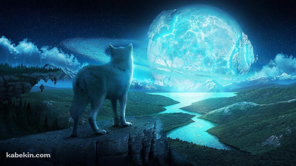 月を観る狼の壁紙(1024px x 576px) 高画質 PC・デスクトップ用