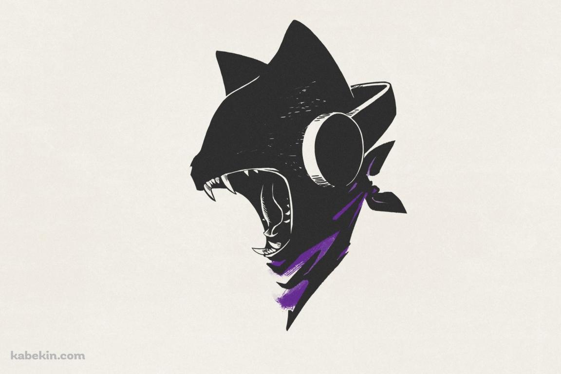 咆哮するヘッドフォンをする黒猫の壁紙(1152px x 768px) 高画質 PC・デスクトップ用