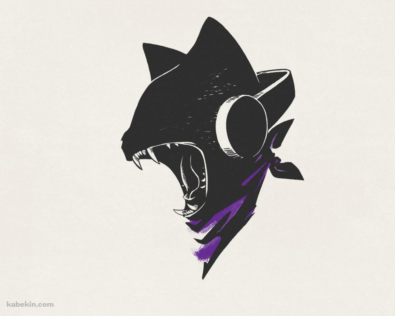 咆哮するヘッドフォンをする黒猫の壁紙(1280px x 1024px) 高画質 PC・デスクトップ用