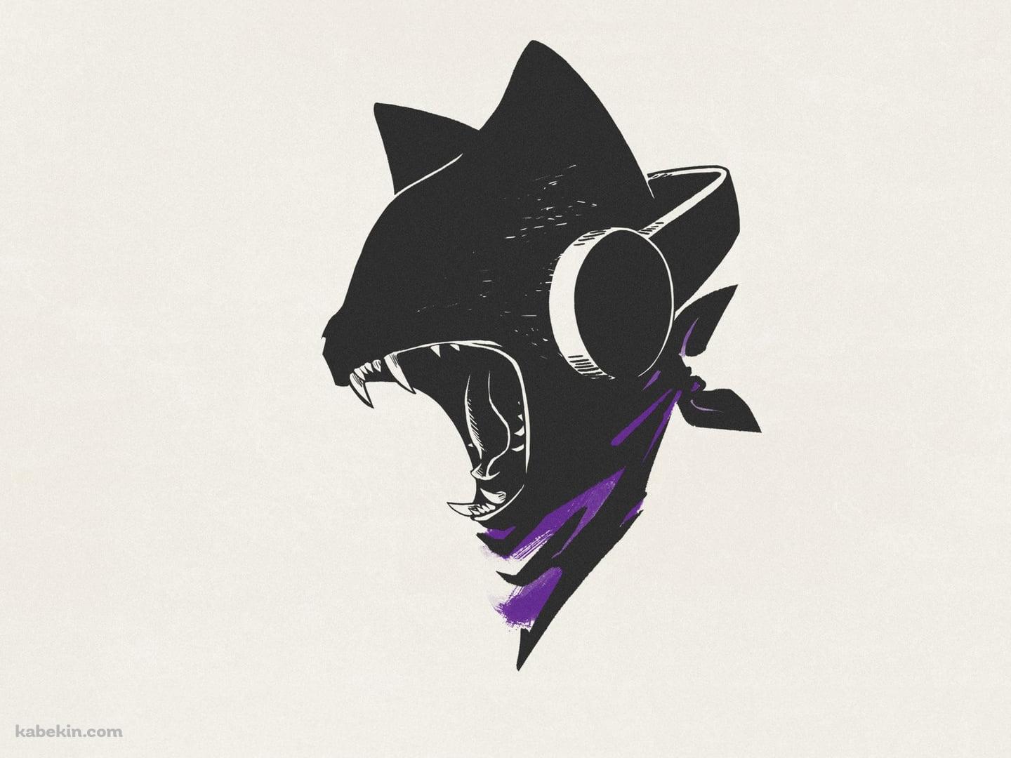 咆哮するヘッドフォンをする黒猫の壁紙(1440px x 1080px) 高画質 PC・デスクトップ用