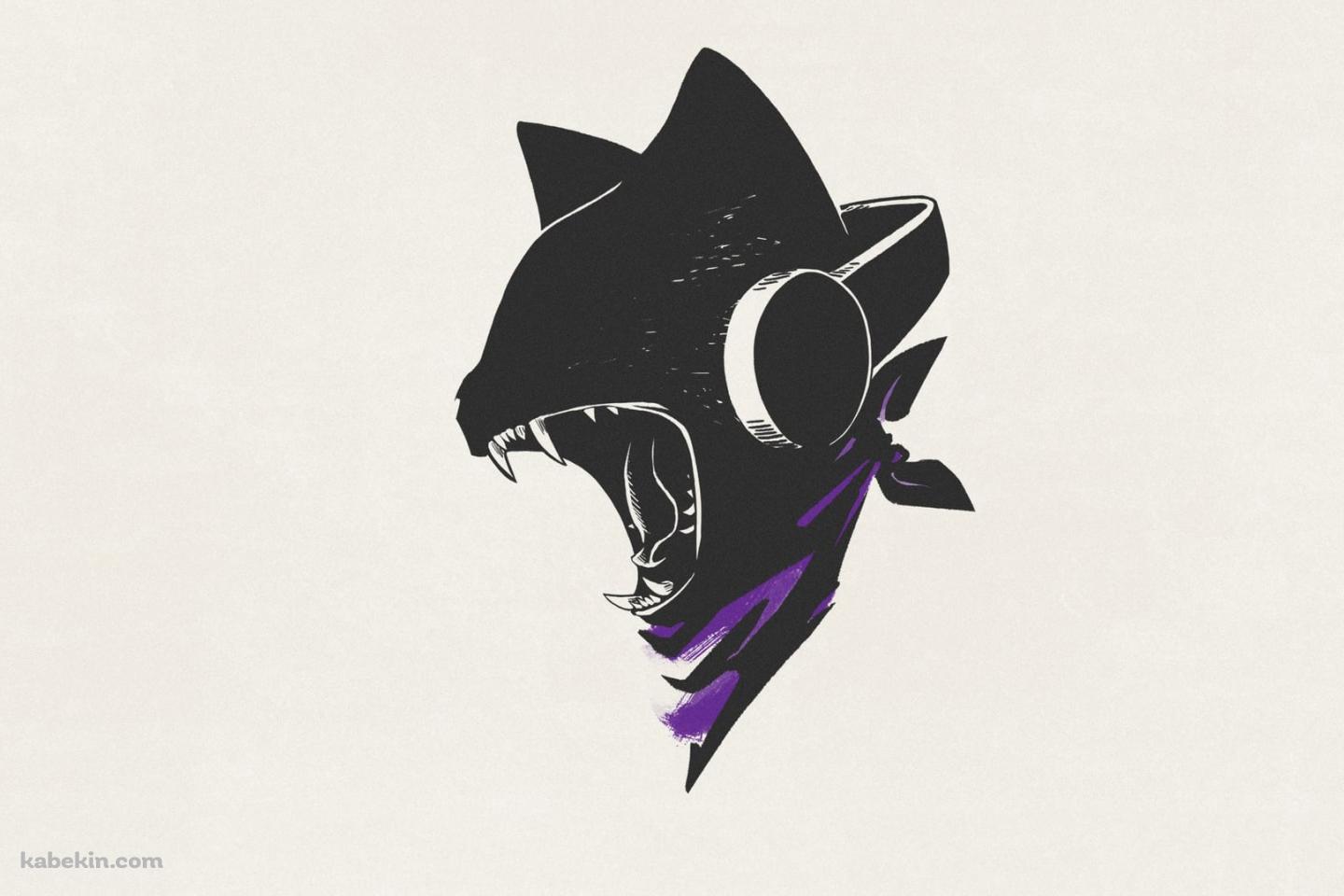 咆哮するヘッドフォンをする黒猫の壁紙(1440px x 960px) 高画質 PC・デスクトップ用