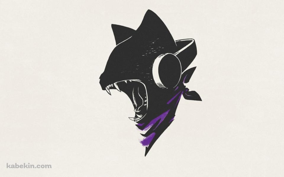 咆哮するヘッドフォンをする黒猫の壁紙(960px x 600px) 高画質 PC・デスクトップ用
