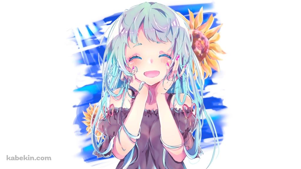 向日葵と青い髪の女の子の壁紙(1024px x 576px) 高画質 PC・デスクトップ用