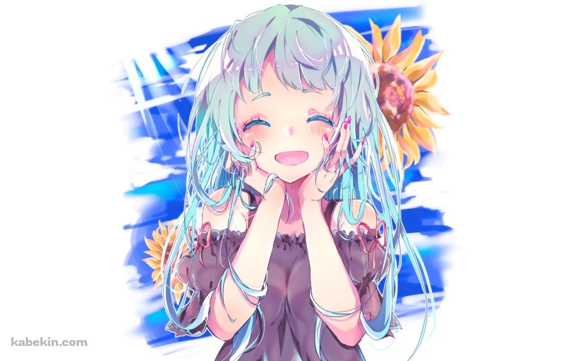 向日葵と青い髪の女の子の壁紙(1152px x 720px) 高画質 PC・デスクトップ用