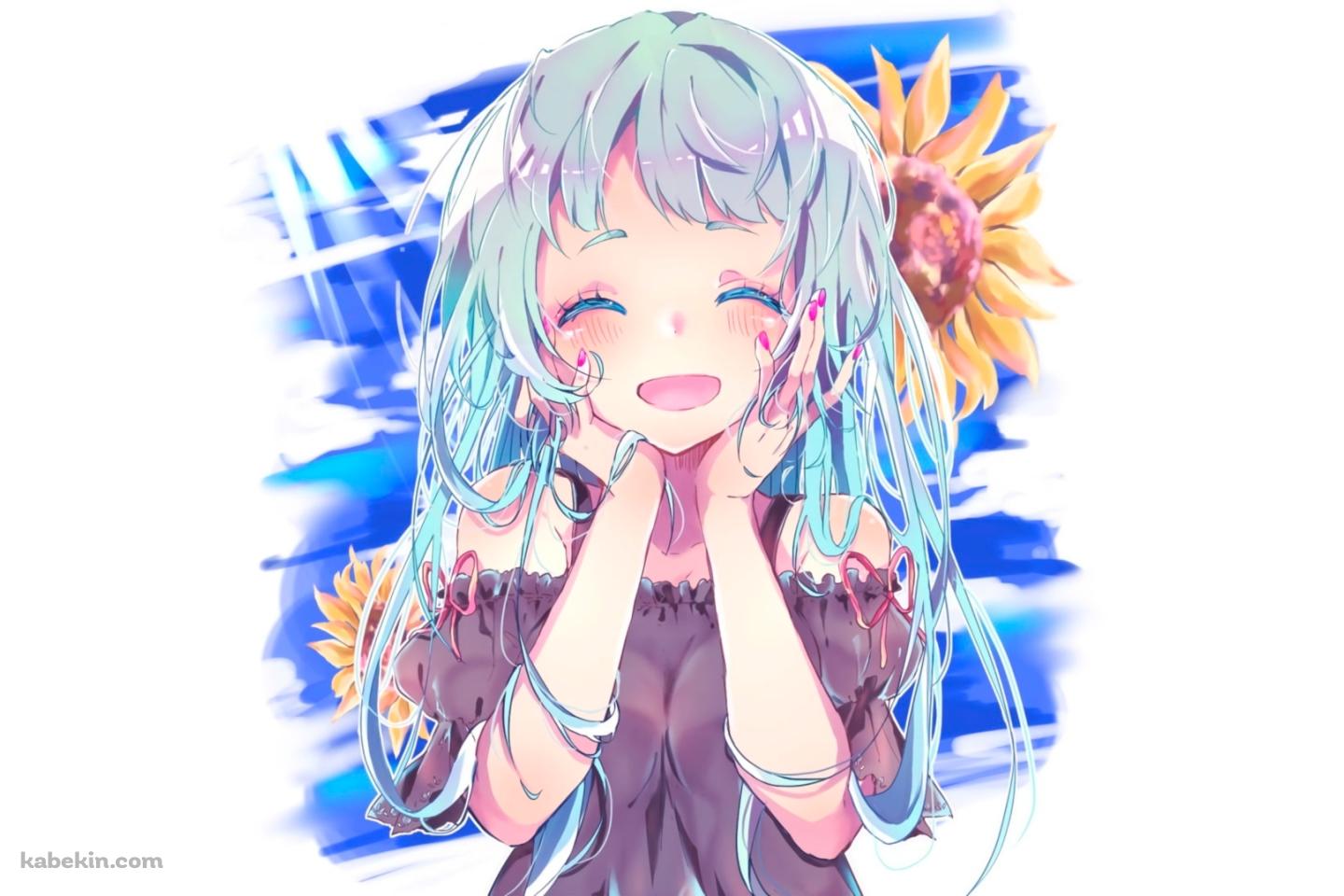 向日葵と青い髪の女の子の壁紙(1440px x 960px) 高画質 PC・デスクトップ用