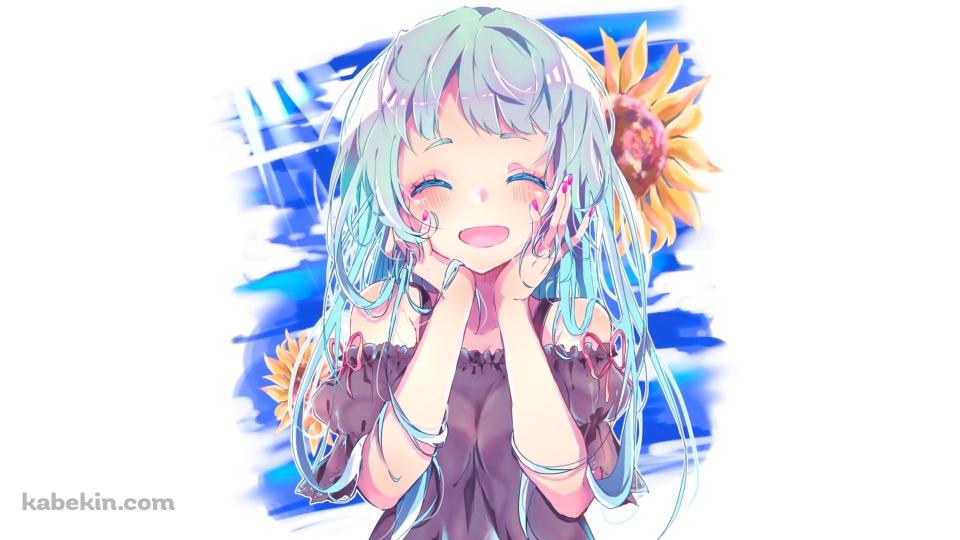 向日葵と青い髪の女の子の壁紙(960px x 540px) 高画質 PC・デスクトップ用