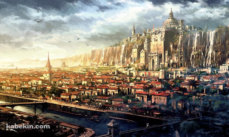 ファンタジー ドラゴンが飛翔する街の壁紙(800px x 480px) 高画質 PC・デスクトップ用