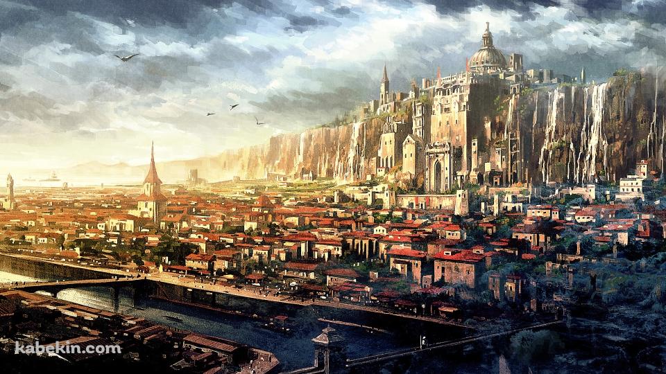 ファンタジー ドラゴンが飛翔する街の壁紙(960px x 540px) 高画質 PC・デスクトップ用