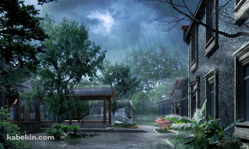 雨降る庭園の壁紙(800px x 480px) 高画質 PC・デスクトップ用