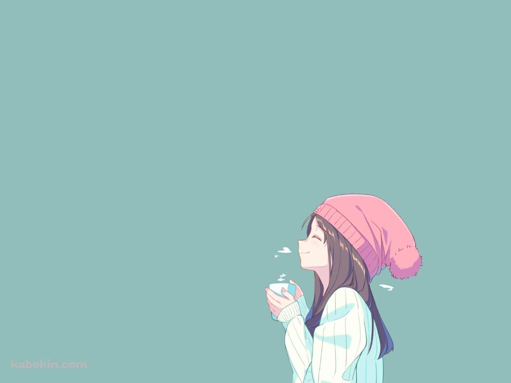 ニット帽を被ったコーヒーカップを持つ女の子の壁紙(1024px x 768px) 高画質 PC・デスクトップ用