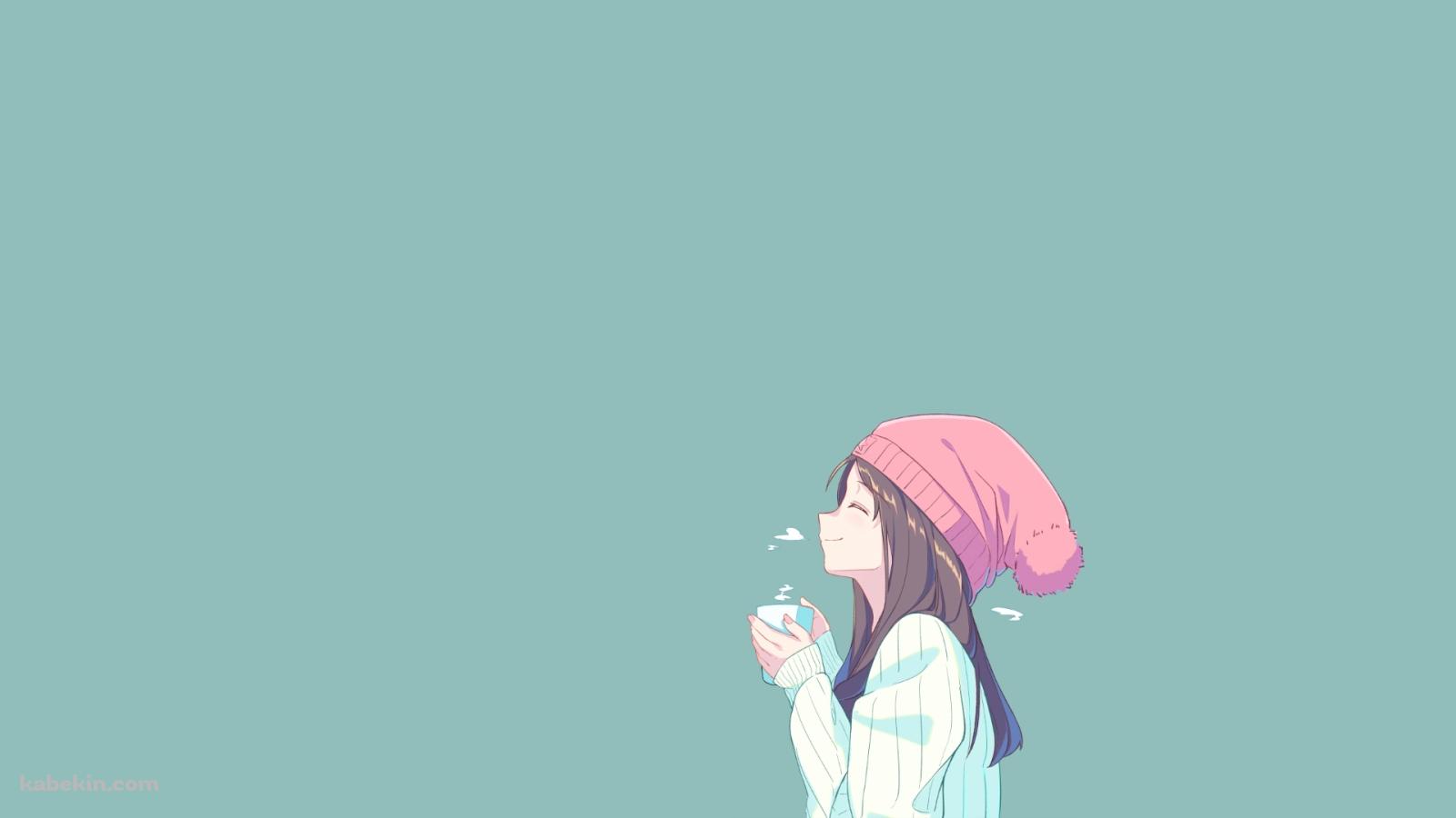 ニット帽を被ったコーヒーカップを持つ女の子の壁紙(1600px x 900px) 高画質 PC・デスクトップ用