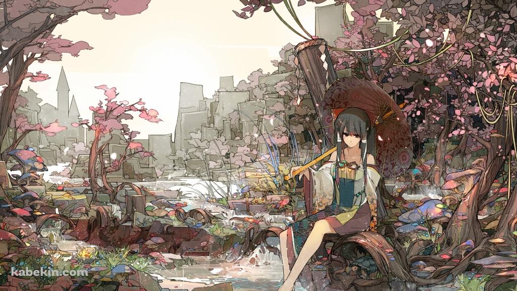 東方 桜と少女の壁紙(1024px x 576px) 高画質 PC・デスクトップ用