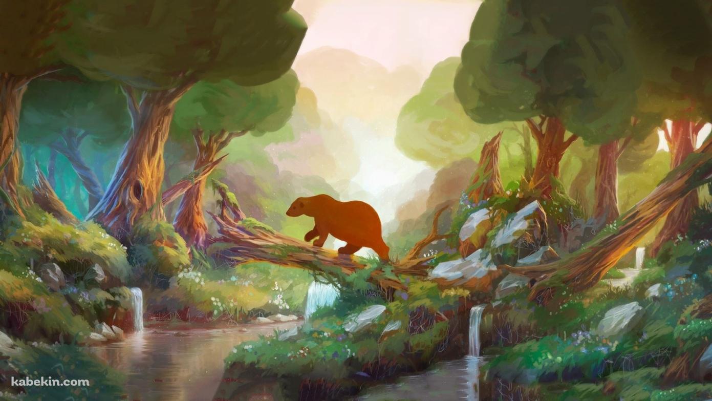 森を散歩するクマの壁紙(1391px x 783px) 高画質 PC・デスクトップ用