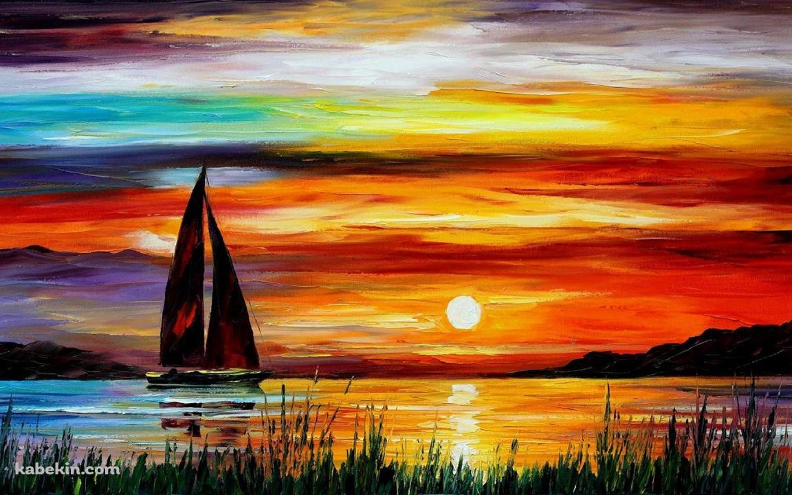 夕日とヨット 油絵の壁紙(1152px x 720px) 高画質 PC・デスクトップ用