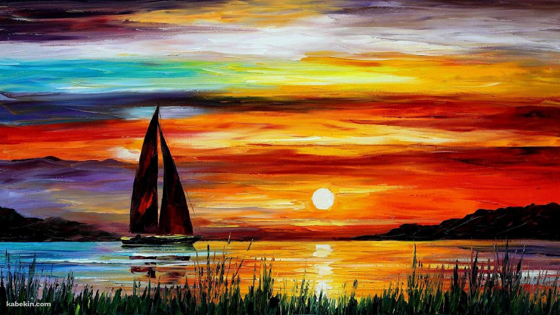 夕日とヨット 油絵の壁紙(1920px x 1080px) 高画質 PC・デスクトップ用