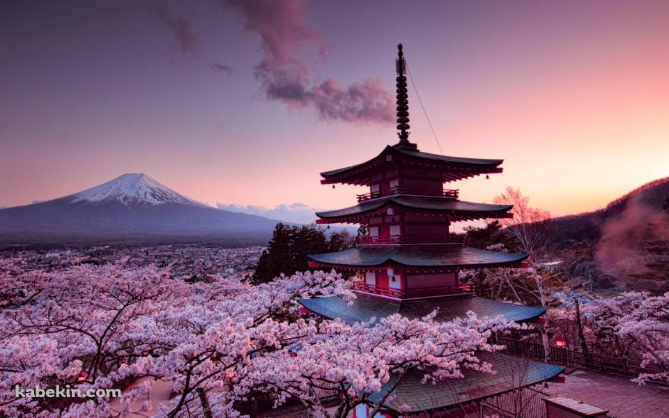 富士山と桜と五重塔の壁紙(960px x 600px) 高画質 PC・デスクトップ用