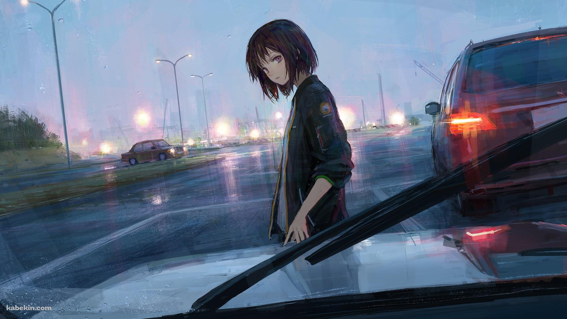 雨 車 黒髪のショートカットの女性の壁紙(1920px x 1080px) 高画質 PC・デスクトップ用
