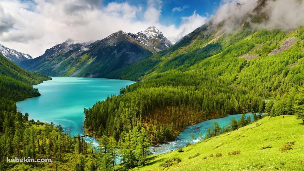 煙立つ山間部の湖の壁紙(1024px x 576px) 高画質 PC・デスクトップ用