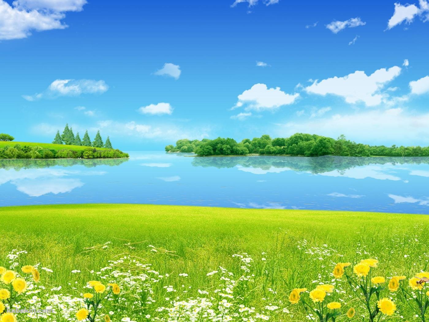 綺麗な花が咲く草原と湖の壁紙(1400px x 1050px) 高画質 PC・デスクトップ用