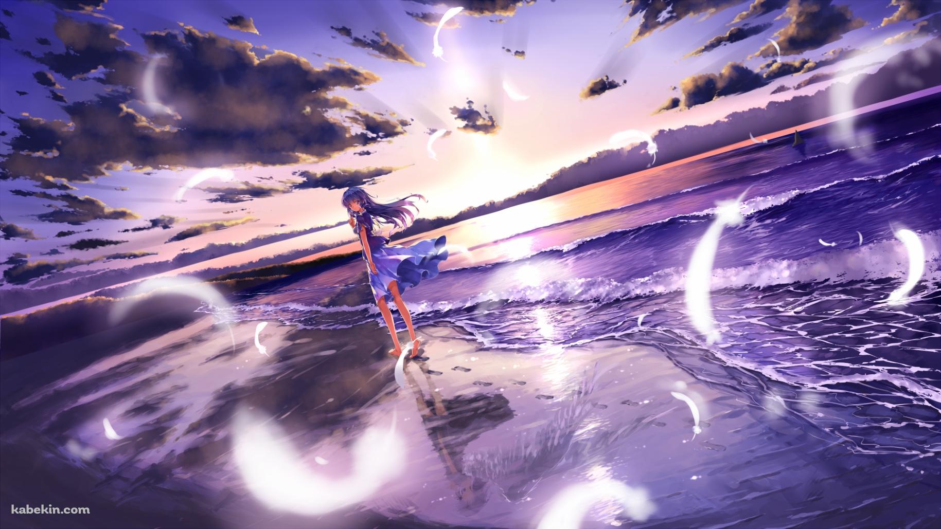 白い羽舞う海岸と少女の壁紙(1829px x 1029px) 高画質 PC・デスクトップ用